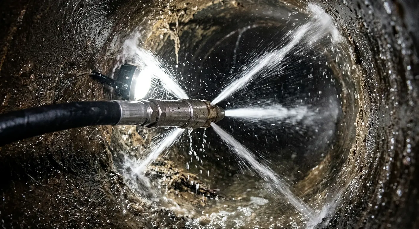 High-pressure hydro jetting nozzle cleaning sewer pipe for Storm Drain Cleaning in Neptune Beach