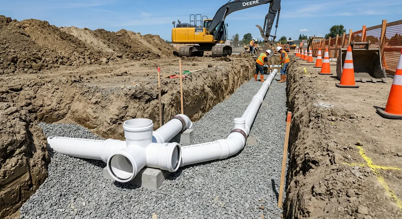 New PVC sewer pipe installation in open trench for Grease Trap Cleaning in Neptune Beach