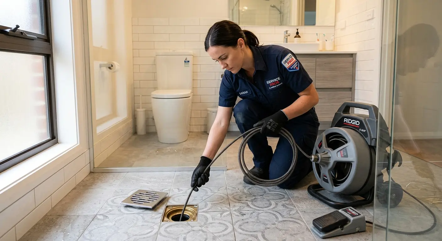 Technician clearing a bathroom floor drain for Sewer Line Installation in Neptune Beach